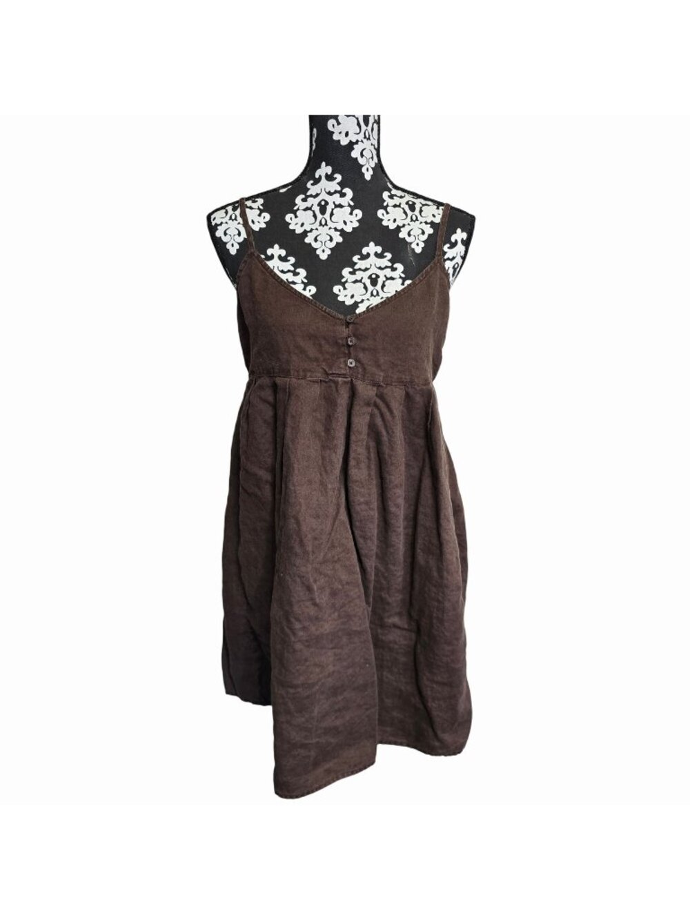 Old Navy M 100% Linen Dress Brown Spaghetti Strap Button Front Empire Waist Boho